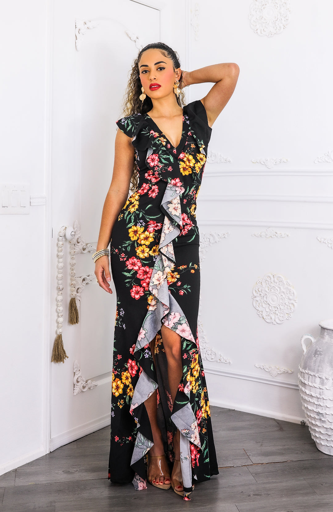 Two-Way Black Floral Ruffle Maxi Dress | SurelyMine