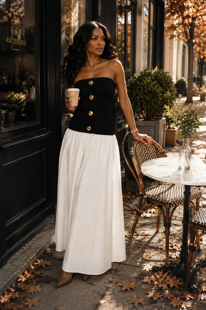 Strapless Button-Front Color Block Maxi Dress