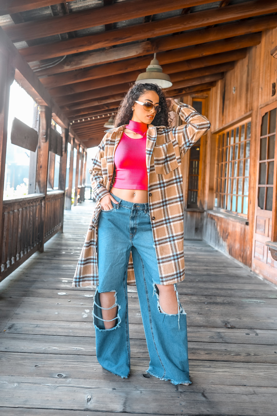 Camel Plaid Long Shacket – Oversized Button Down Coat for Women