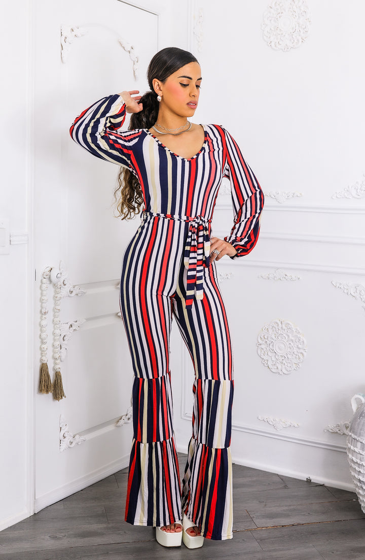 Striped Flare-Leg Jumpsuit with Tie Waist & Long Sleeves