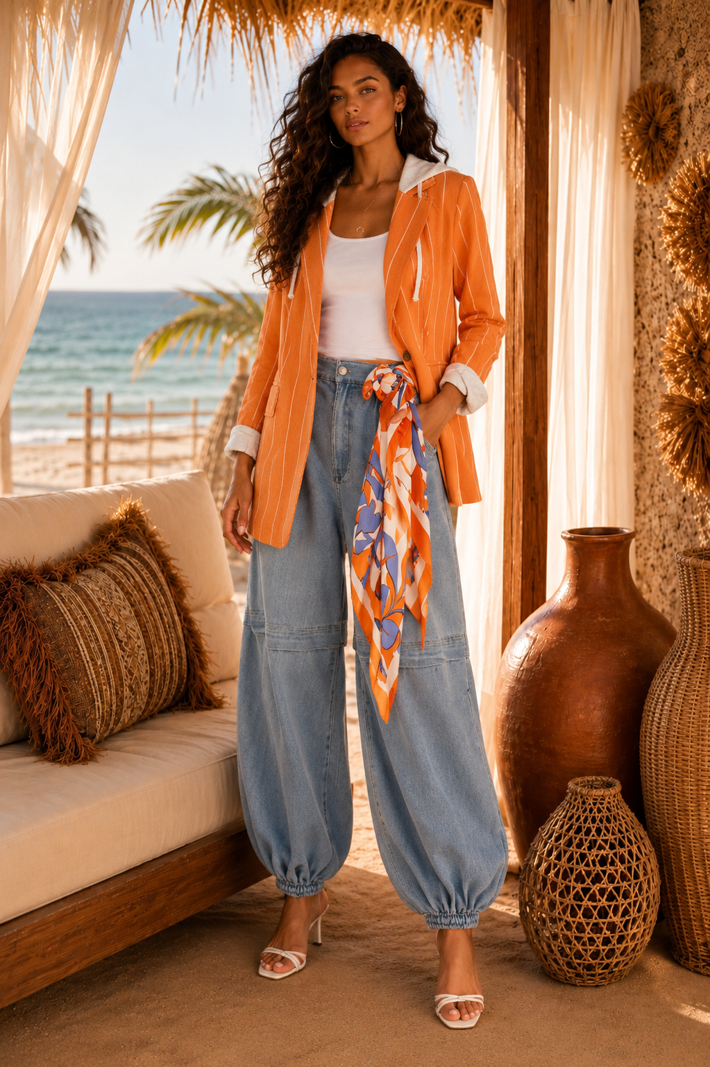 Golden Hour Orange Striped Hooded Blazer Jacket