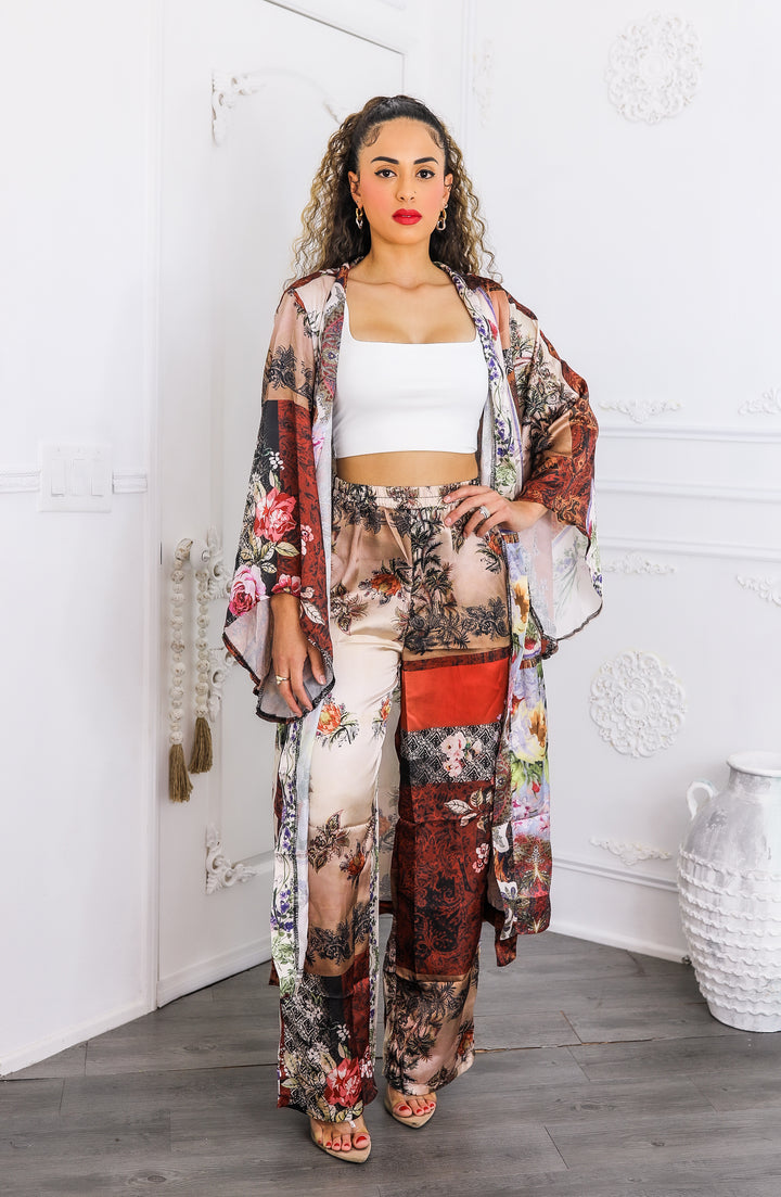 Golden Hour Boho Luxe Kimono Set – Printed Duster & Wide-Leg Pants