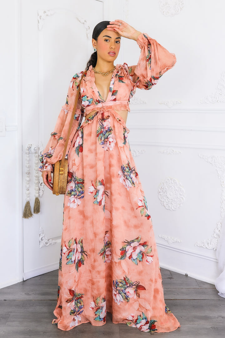 Resort Floral Bubble Sleeves Maxi Dress