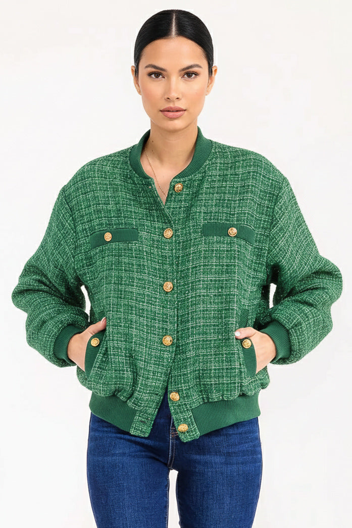 LONG SLEEVE BUTTON CLOSURE POCKETS TWEED SHIMMER JACKET