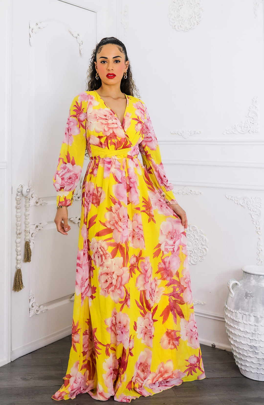 Sunset Bloom Maxi Dress – Yellow & Pink Floral Wrap Dress