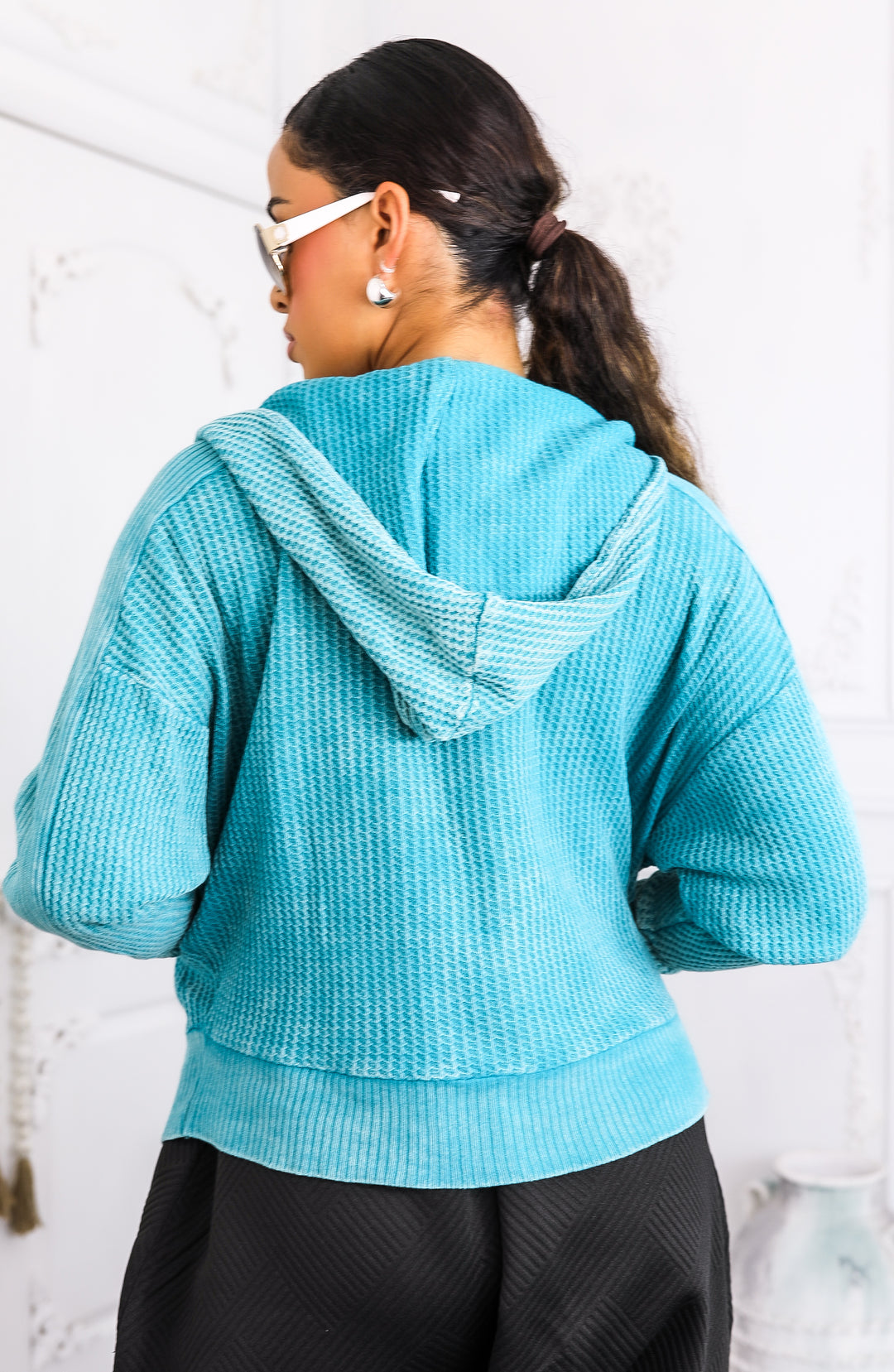 Mineral Wash Waffle Knit Zip Hoodie – Turquoise