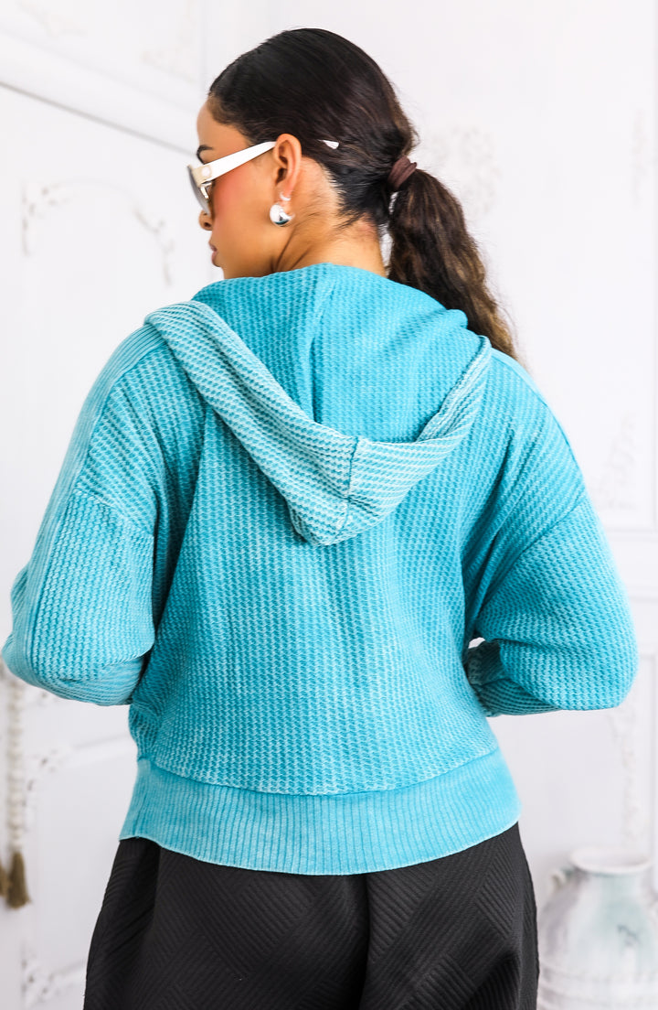 Mineral Wash Waffle Knit Zip Hoodie – Turquoise