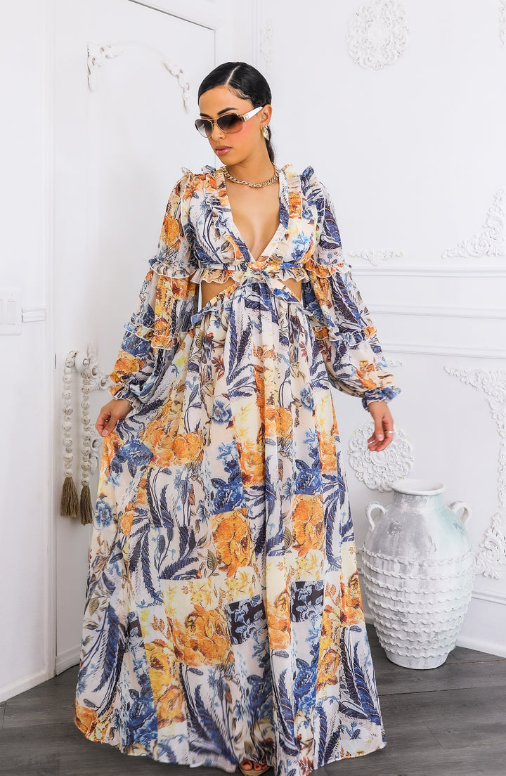 Boho Cream Floral Cutout Lace-Up Maxi Dress