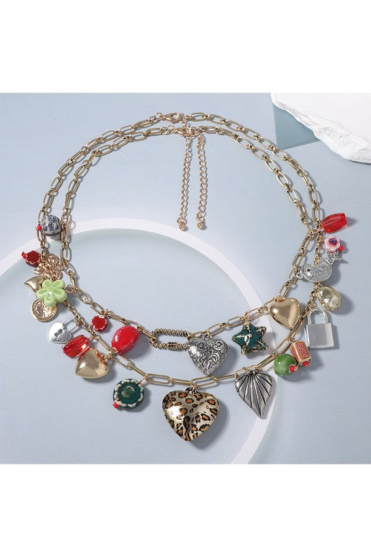 Multi-Charm Gold Layered Necklace – Heart, Floral & Lock Accents