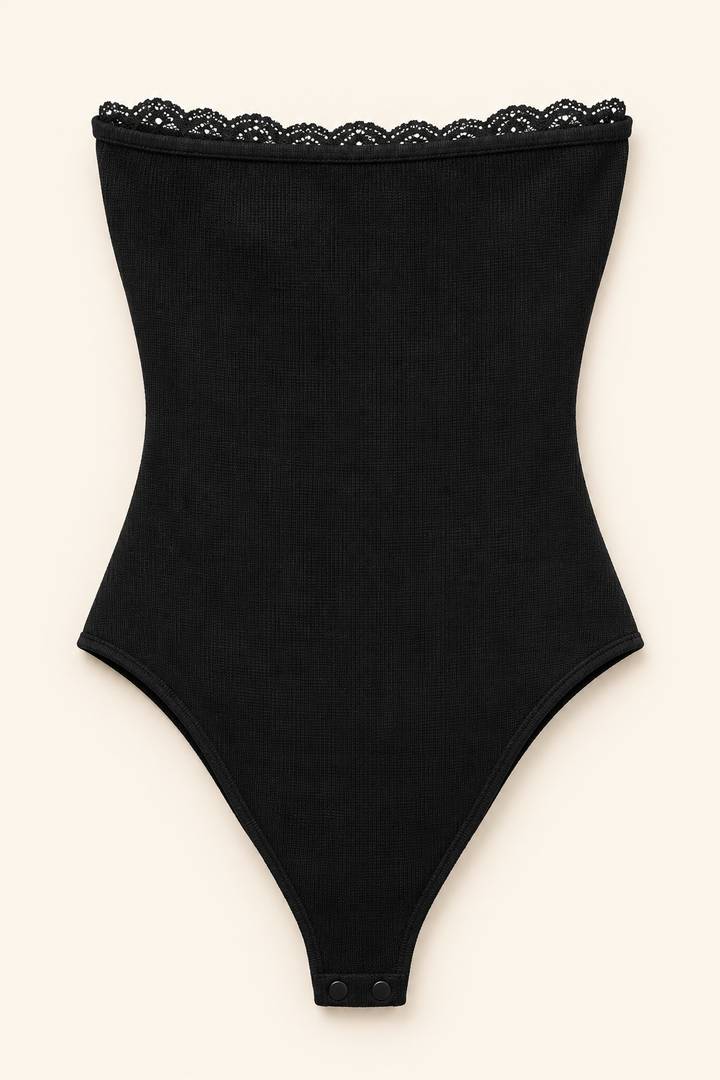 Strapless Lace Trim Bodysuit – Black Ruched Sweetheart Ribbed Knit