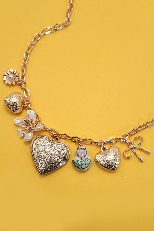 The Garden Heart Charm Necklace – Gold Heart & Porcelain Flower
