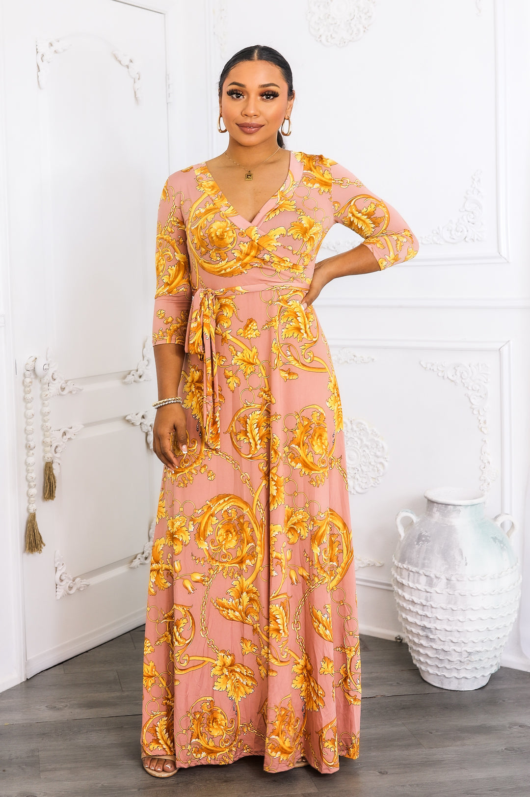 Blush Gold Wrap Maxi Dress | Elegant Long Sleeve Boho Dress