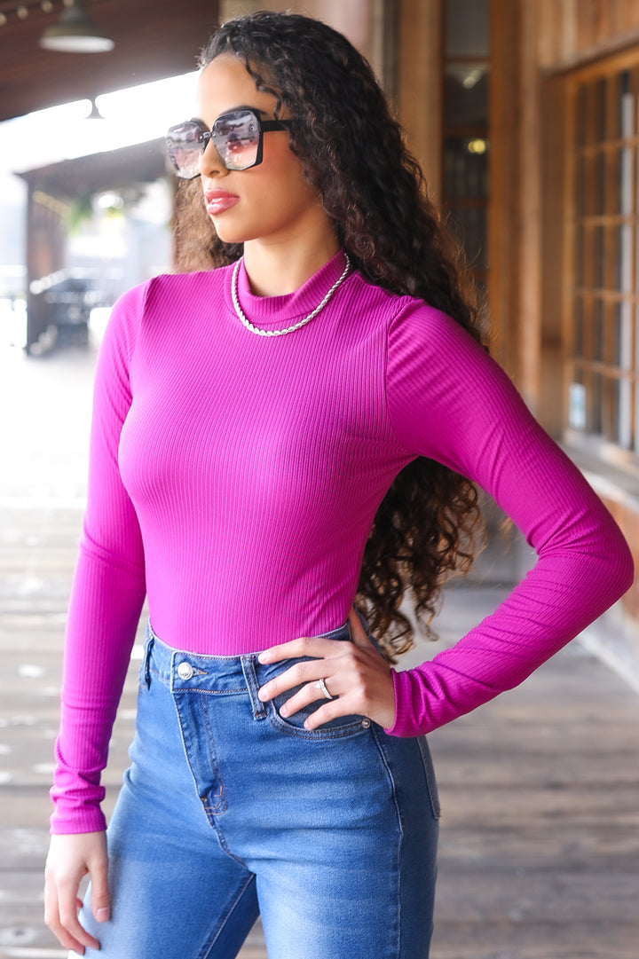 Fuchsia Ribbed Long Sleeve Top – Mock Neck Stretch Fitted Shirt