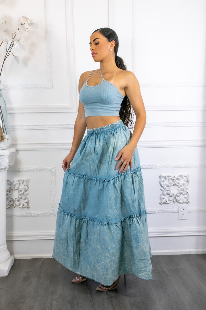 Woven Vintage Washed Maxi Skirt With Ribbed Double Strap Set