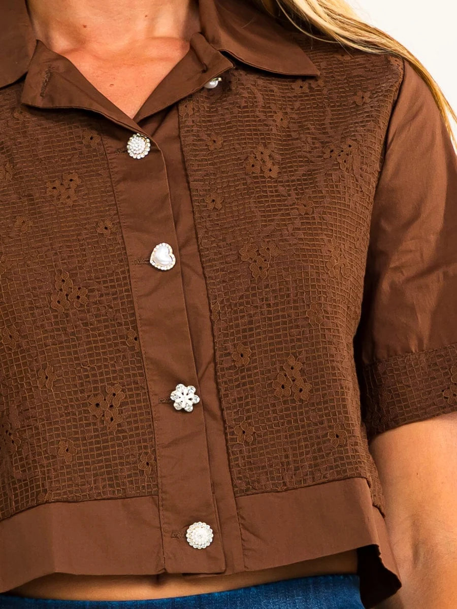 Cropped Button-Up Eyelet Lace Top with Puff Sleeves