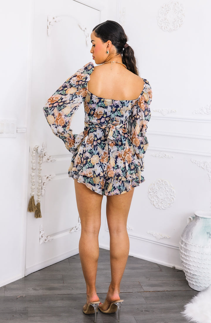 Floral Long Sleeve Ruffle Romper – Sweetheart Neckline