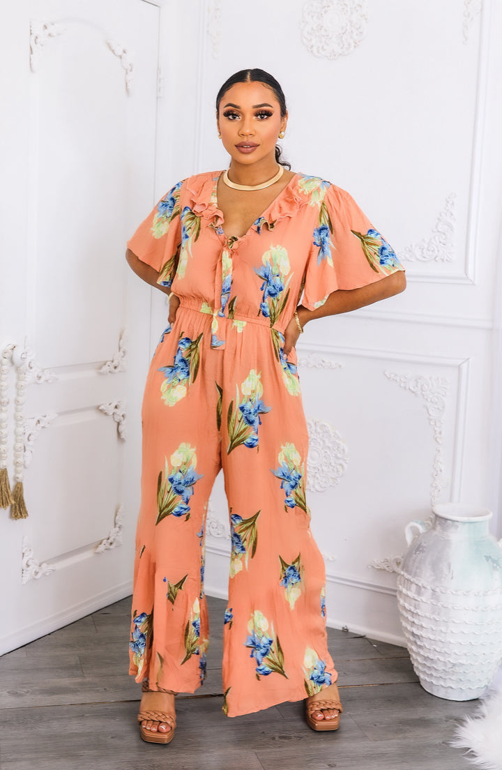 Peach Floral Ruffle Jumpsuit – Wide-Leg Summer One-Piece