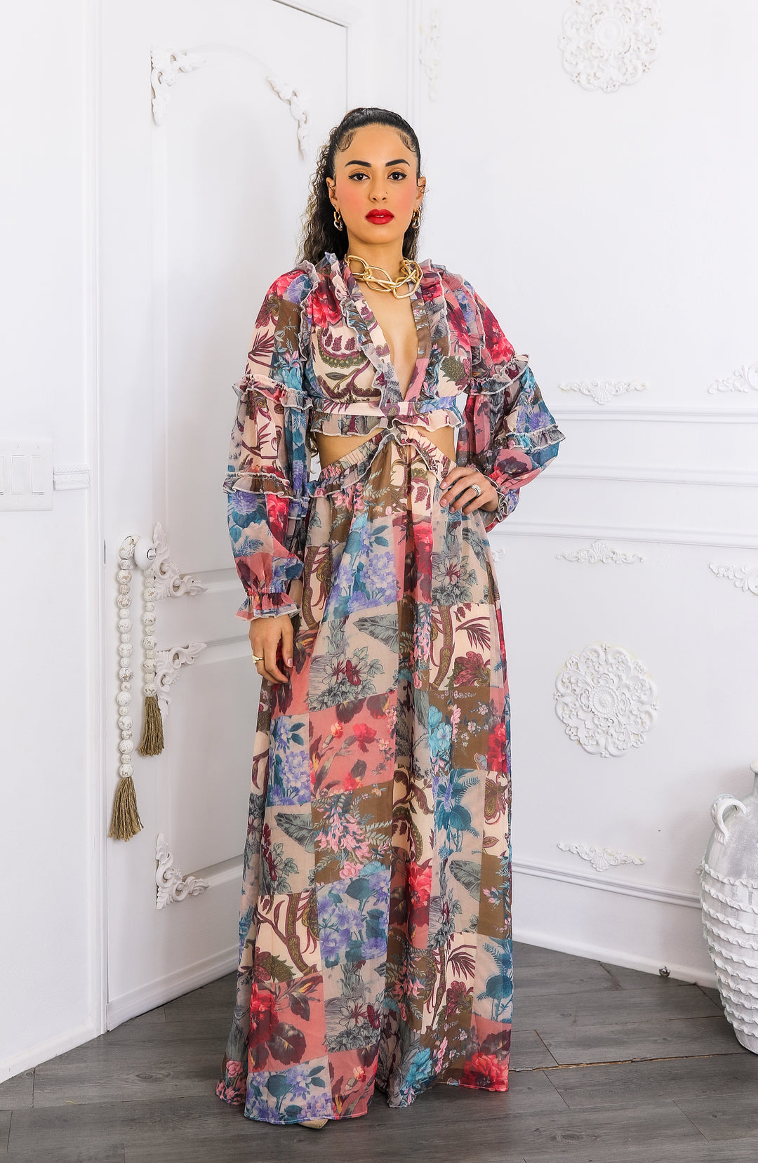 Patchwork Floral Maxi Dress – Plunge Ruffle Cutout Style