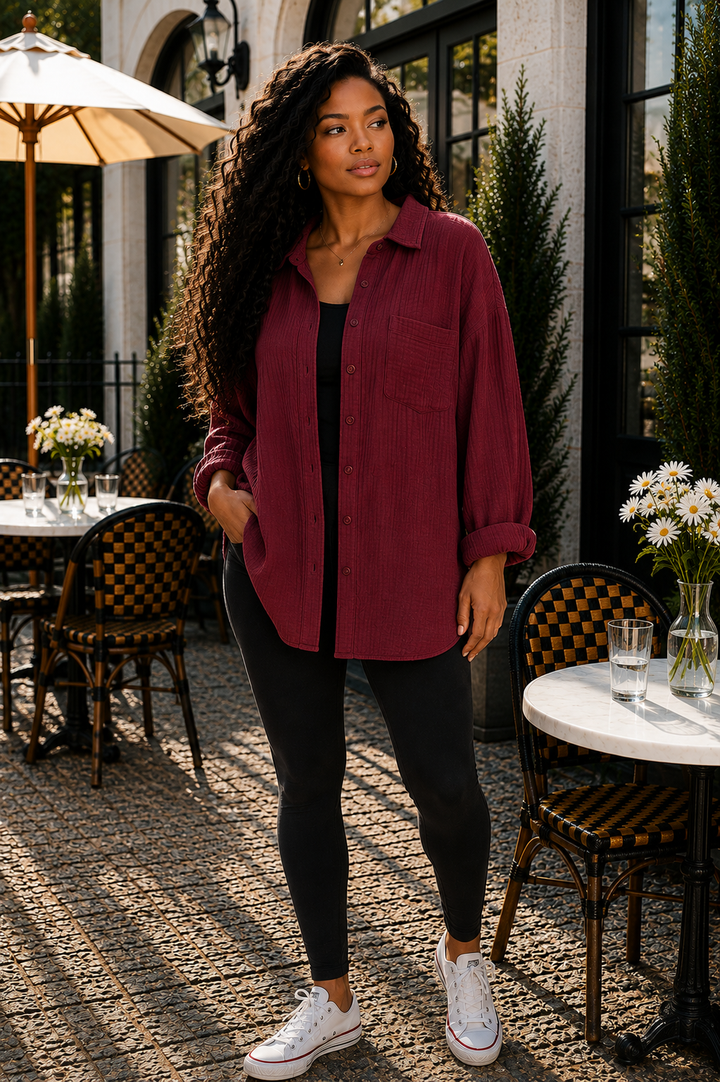 Oversized Cotton Gauze Button-Front Shirt
