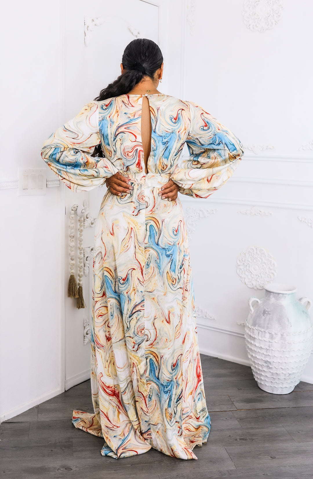 Marble Swirl Kimono Maxi Dress with Slits – Boho Resort Style