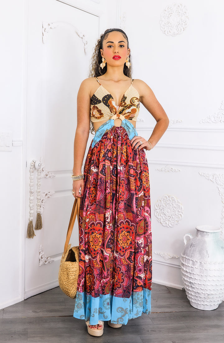 Boho Patchwork Cutout Maxi Dress with Side Slit