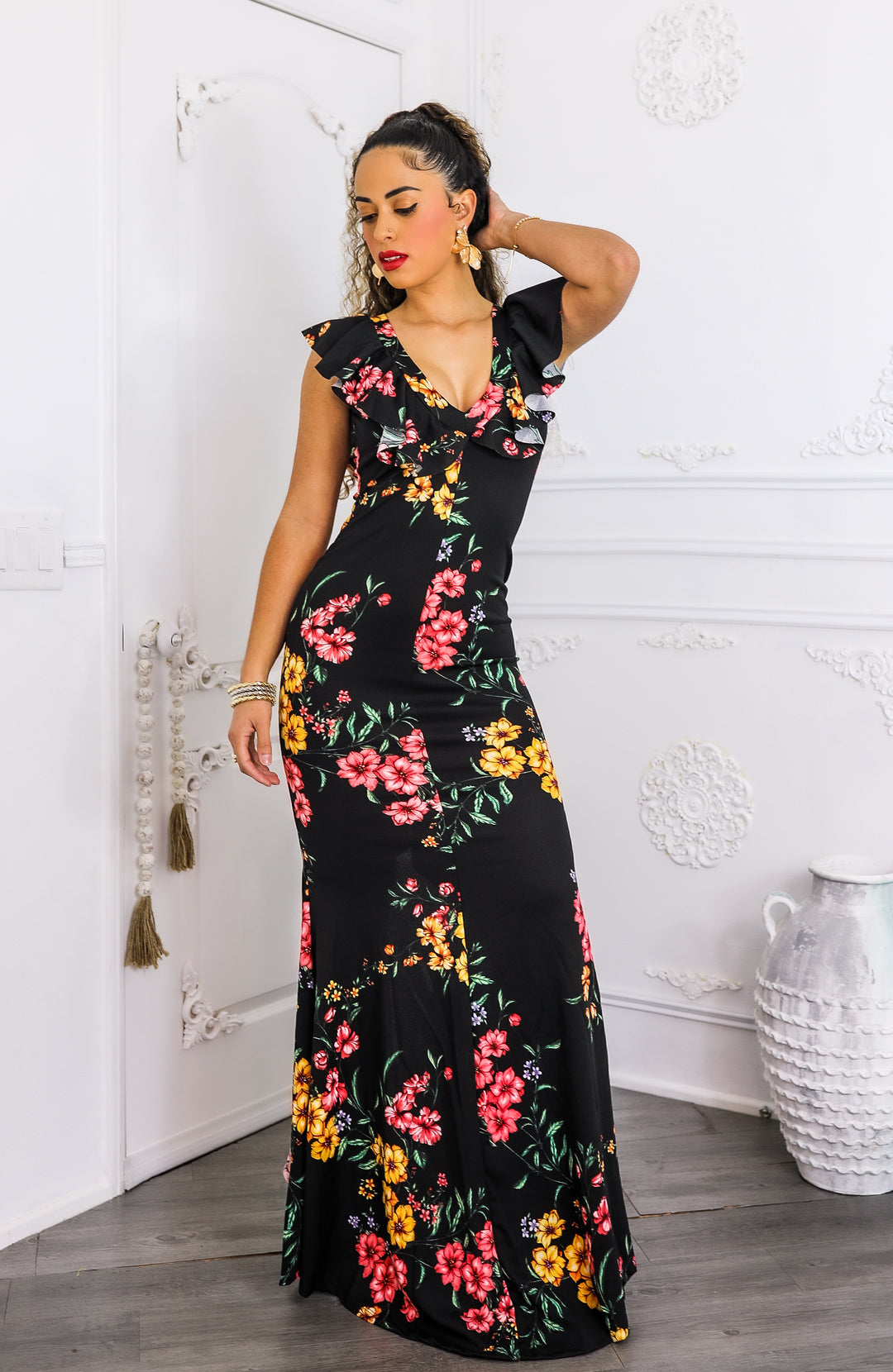 Two-Way Black Floral Ruffle Maxi Dress | SurelyMine