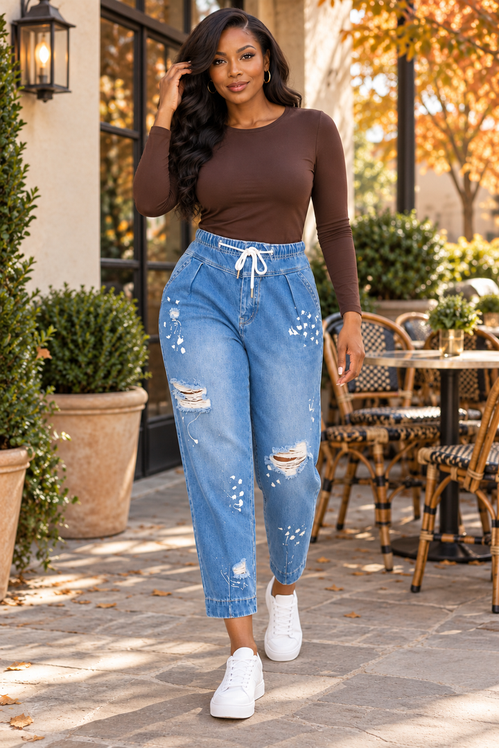 Paperbag Waist Jeans – Medium Wash Distressed Paint Splatter