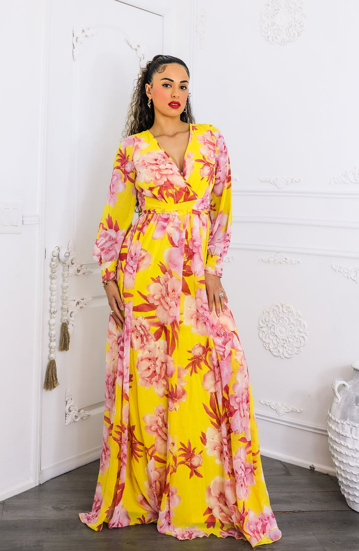 Sunset Bloom Maxi Dress – Yellow & Pink Floral Wrap Dress