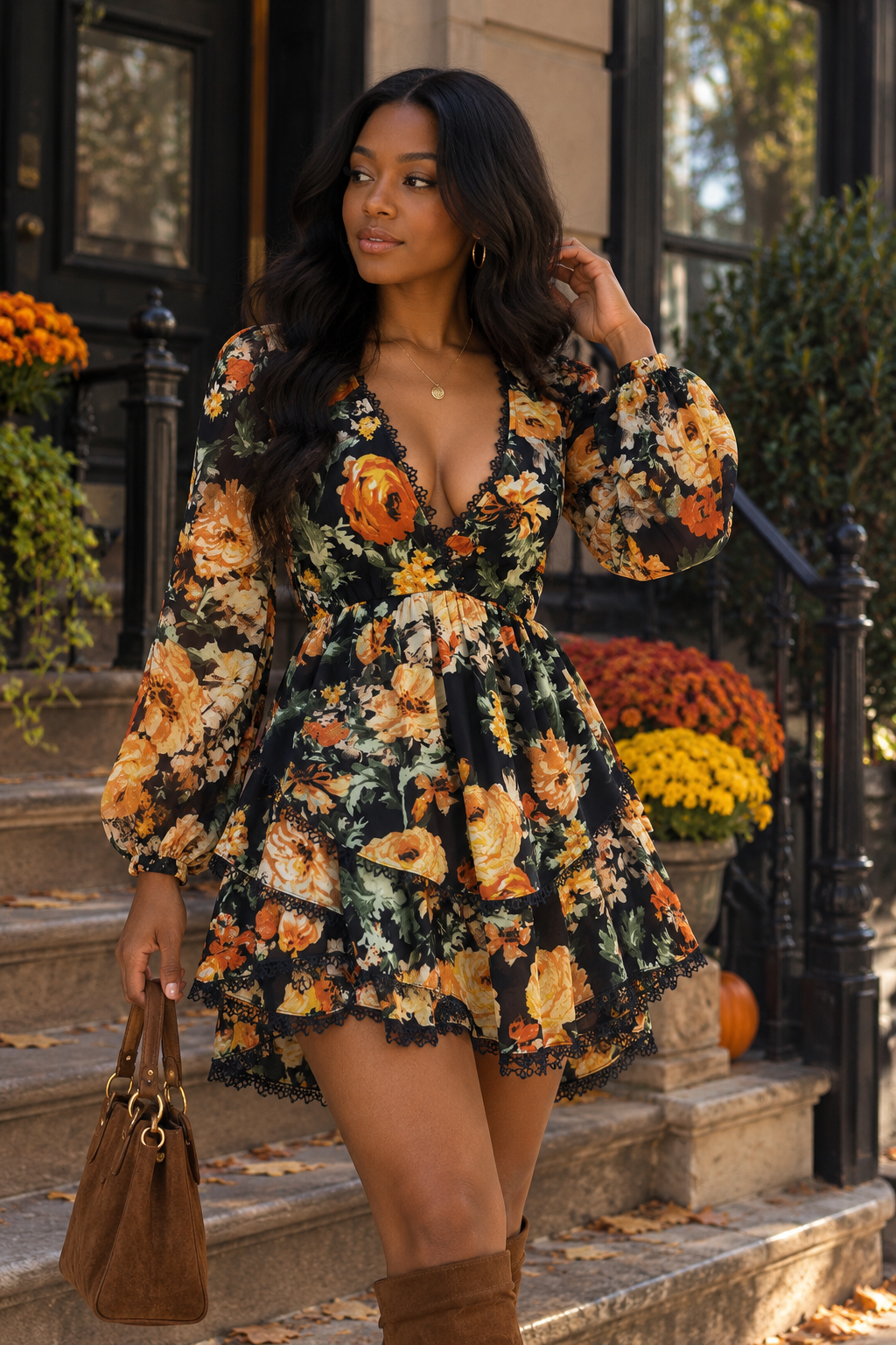 Black Floral Ruffle Hem Mini Dress | Open Back Tie Long Sleeve Dress