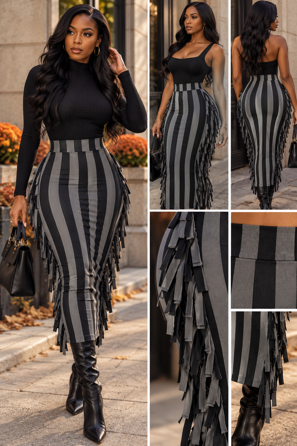 Fringe Stripe Midi Skirt | Striped Fringe-Trim Bodycon Skirt