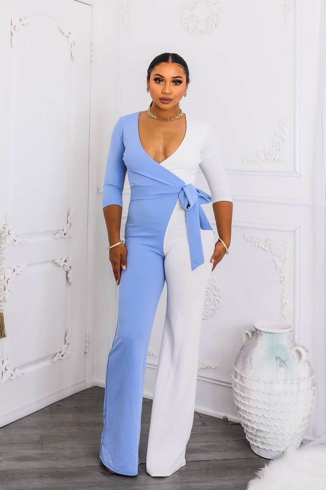 Sky & Ivory Colorblock Wrap Jumpsuit