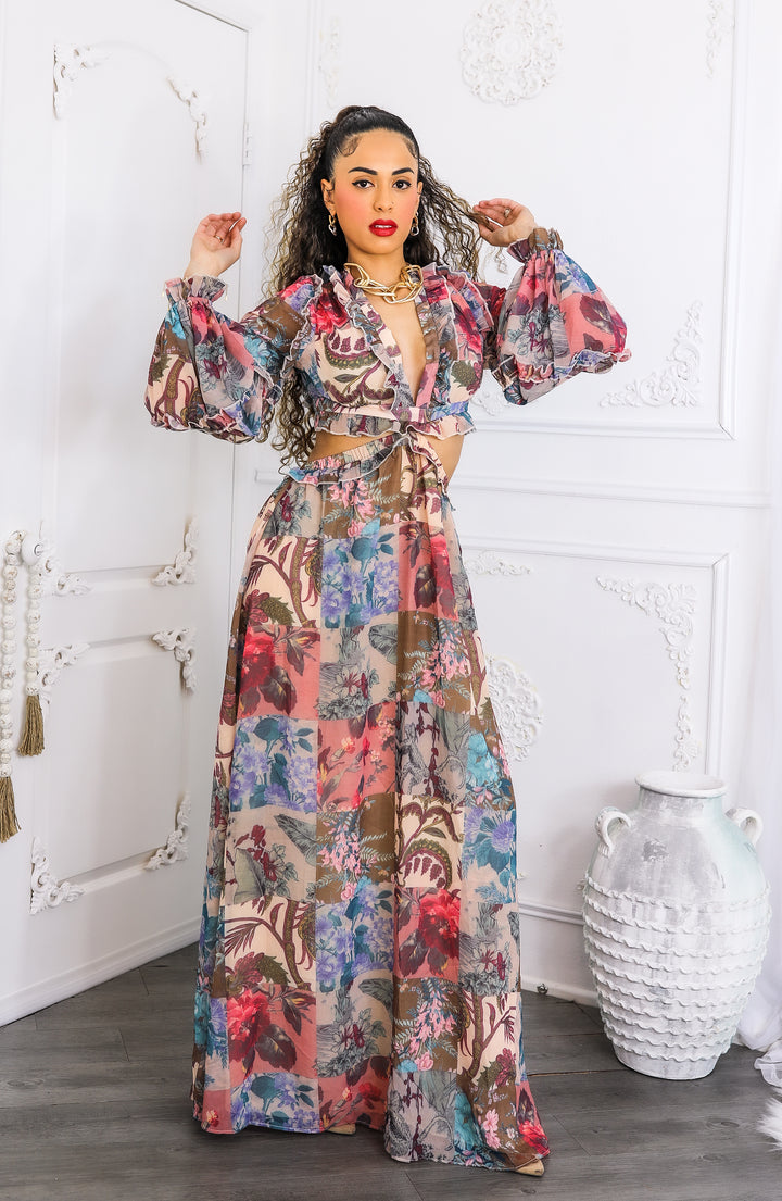 Patchwork Floral Maxi Dress – Plunge Ruffle Cutout Style