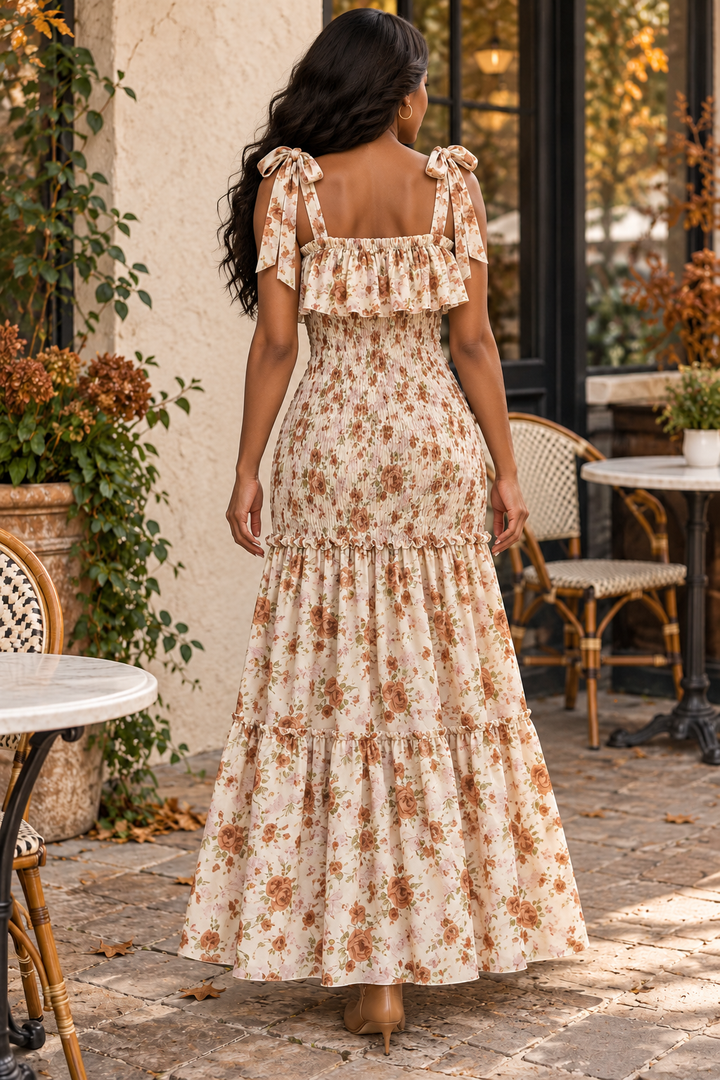 Smocked Tiered Maxi Dress – Cream Rust Floral Tie Strap Sundress