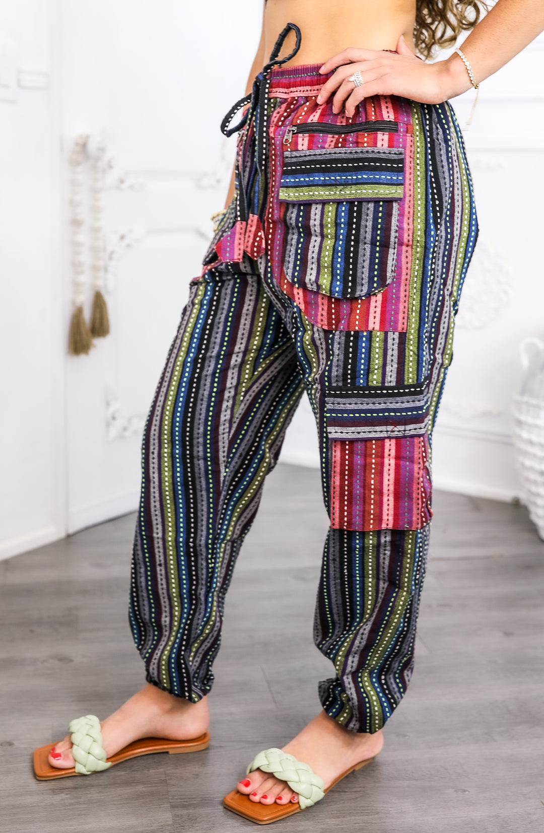 Boho Utility Stripe Joggers – Multi Pocket Drawstring Pants