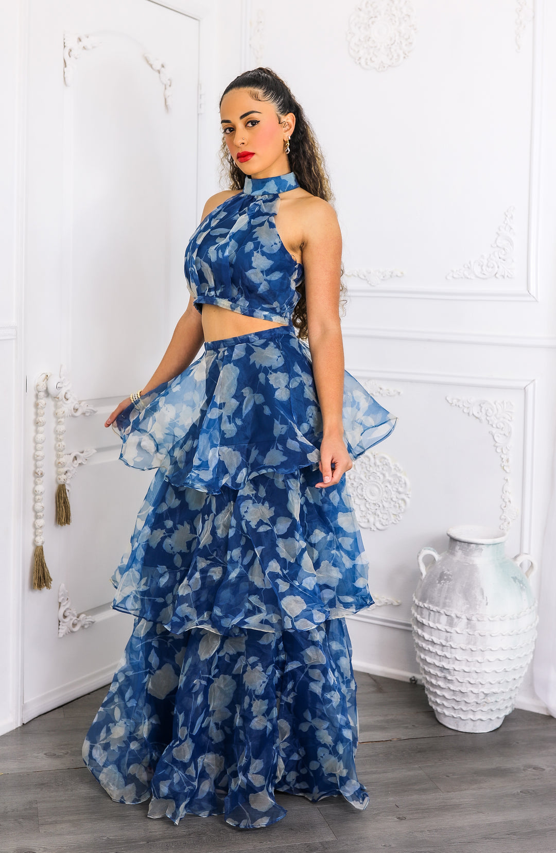 Blue Tiered Ruffle Two-Piece Set – Halter Crop Top & Maxi Skirt