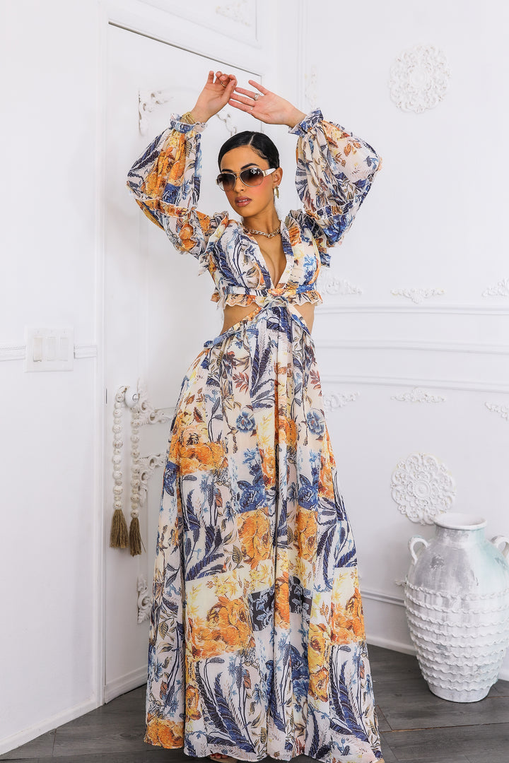 Boho Cream Floral Cutout Lace-Up Maxi Dress
