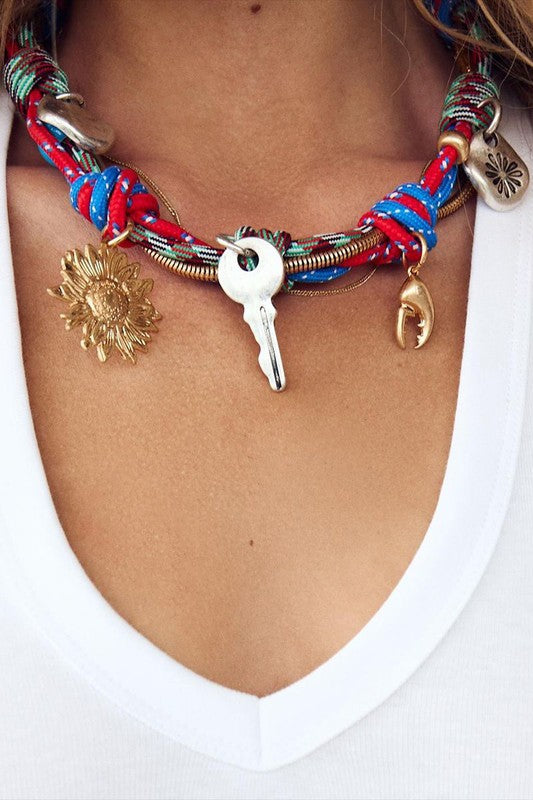 Boho Braided Rope Necklace with Key & Charm Pendants