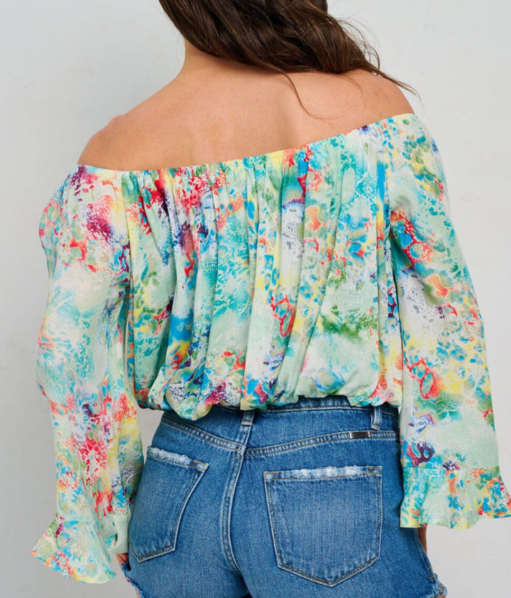 Whimsical Garden Off-Shoulder Chiffon Blouse