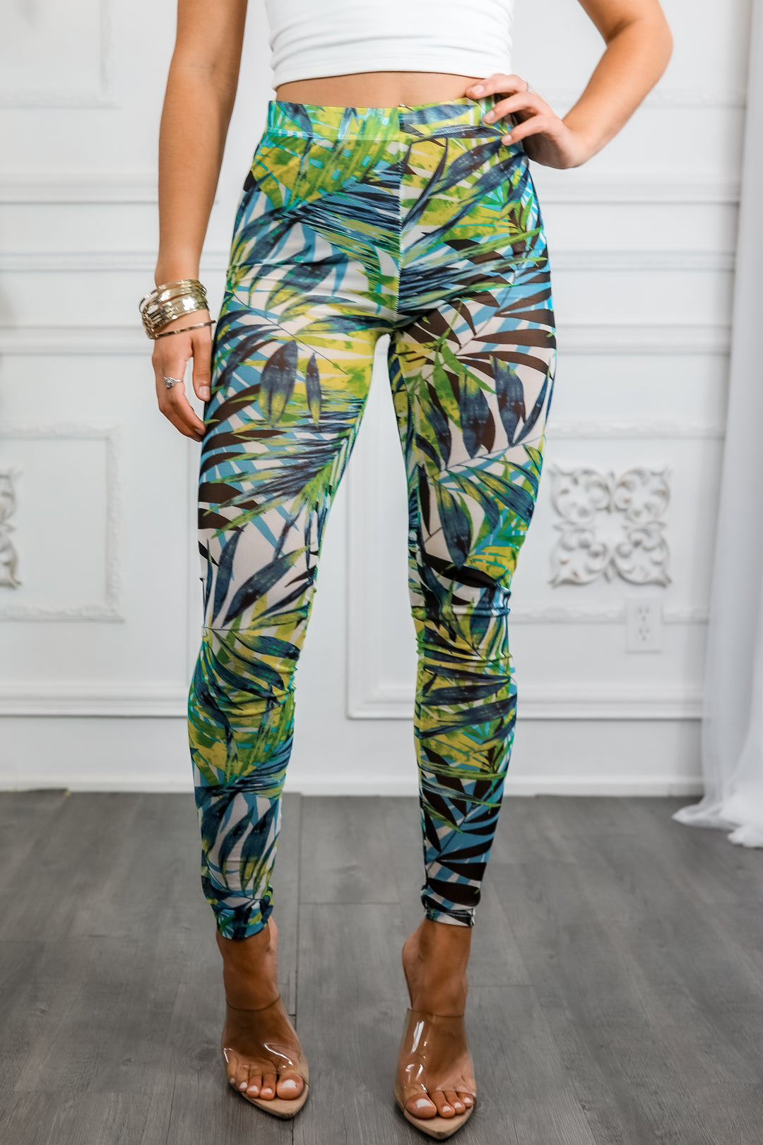 Tropical Mesh Leaf Print Leggings – High Waisted Sheer Stretch Pants