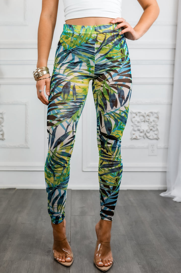 Tropical Mesh Leaf Print Leggings – High Waisted Sheer Stretch Pants