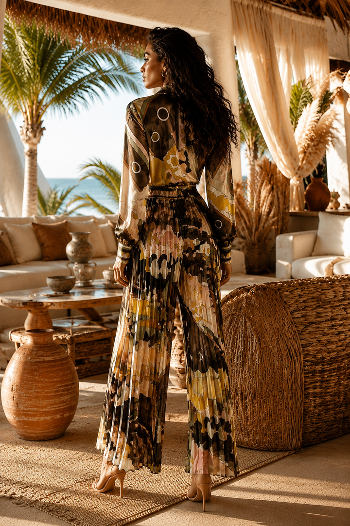 Olive Abstract Print Pleated Wide Leg Jumpsuit