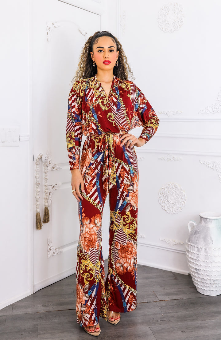 Red Chain Print Wide Leg Jumpsuit | Boho Chic One Piece