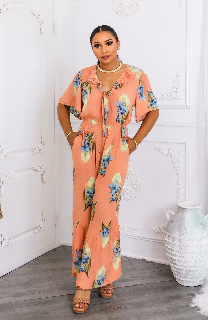Peach Floral Ruffle Jumpsuit – Wide-Leg Summer One-Piece