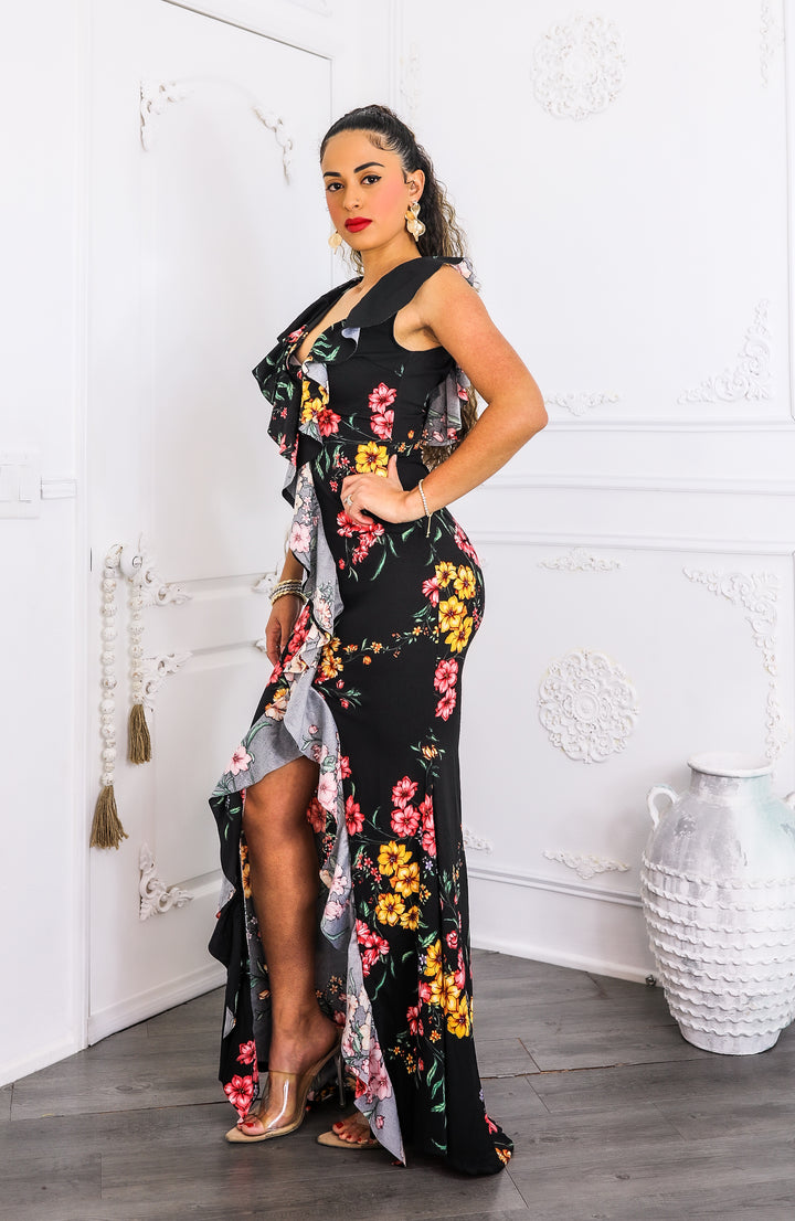 Two-Way Black Floral Ruffle Maxi Dress | SurelyMine