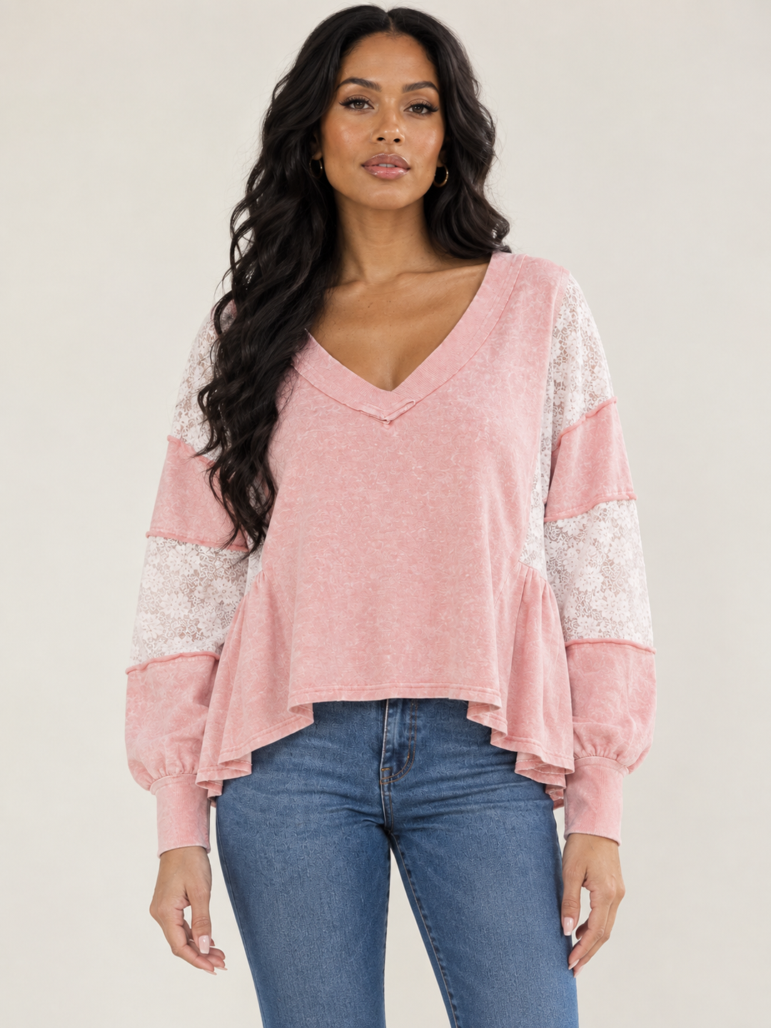 Mineral Wash V-Neck Peplum Top with Sheer Lace Sleeves – Blush Pink