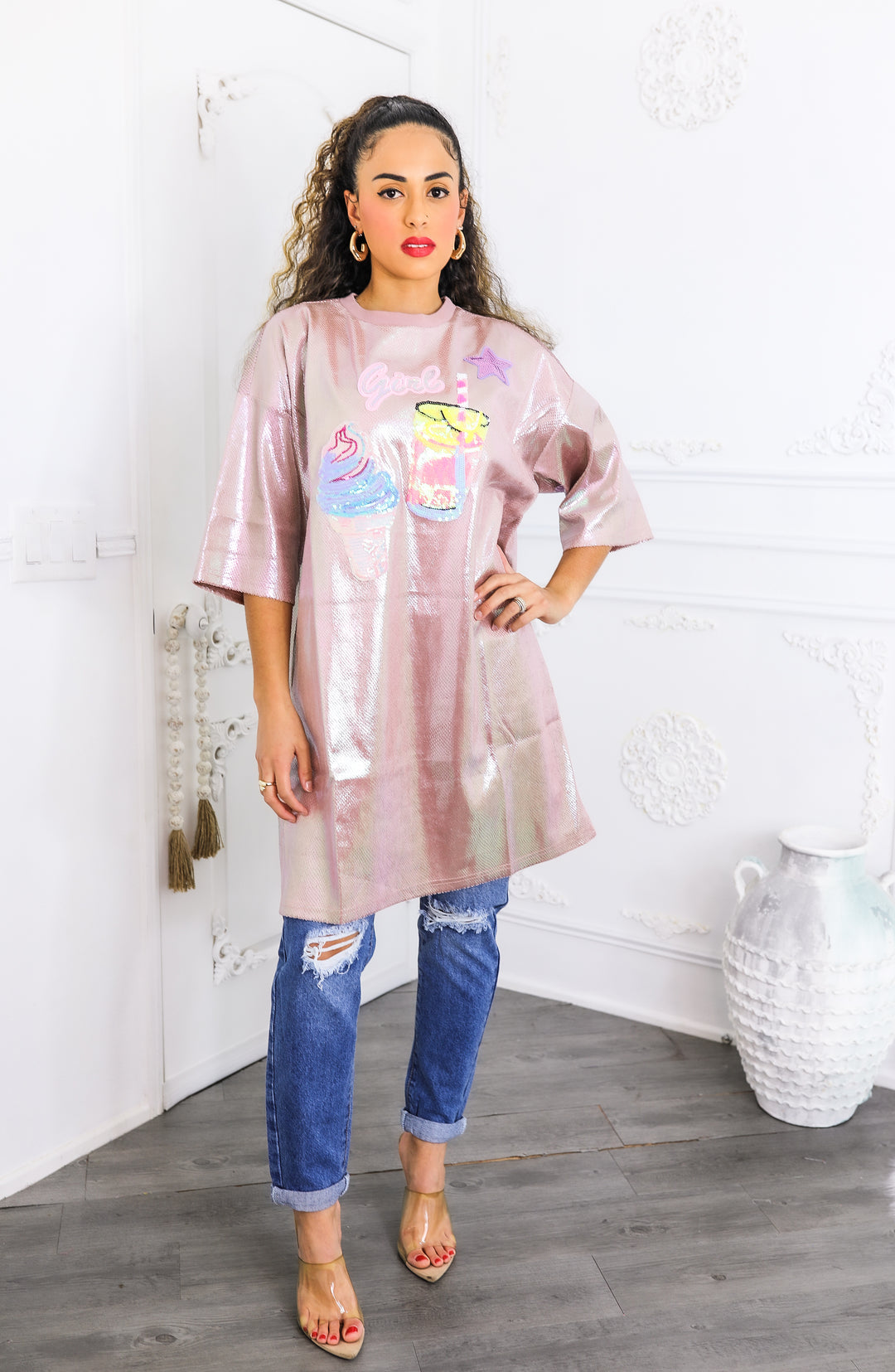 Holographic Pink Oversized Tunic Tee – “Girl” Graphic Shine