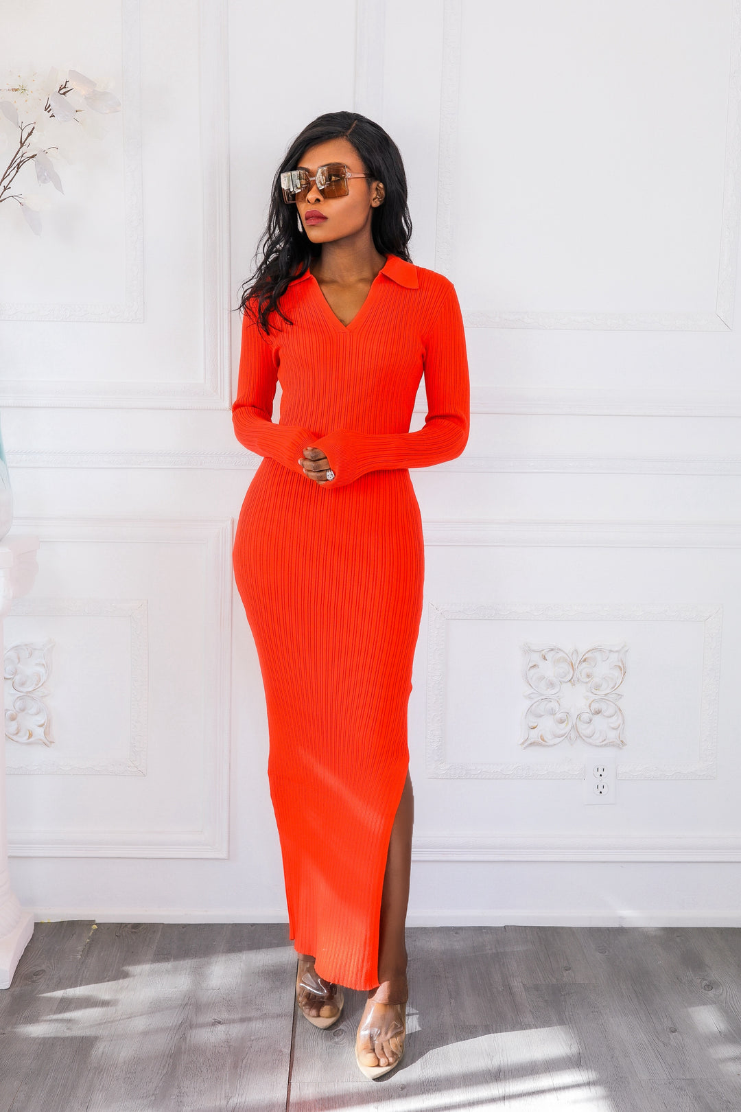 Cold Weather Slay Collar Ribbed Long Sleeves Maxi Dress with Side Slit