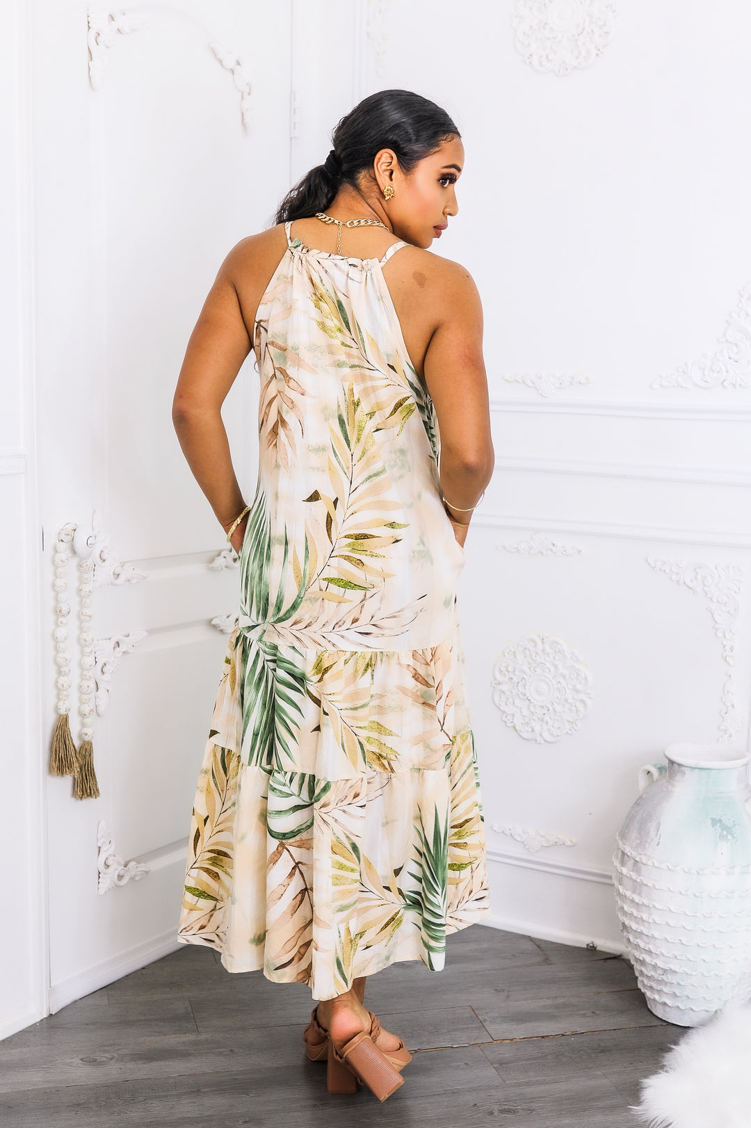 Tropical Palm Tiered Maxi Dress – Sand & Sage