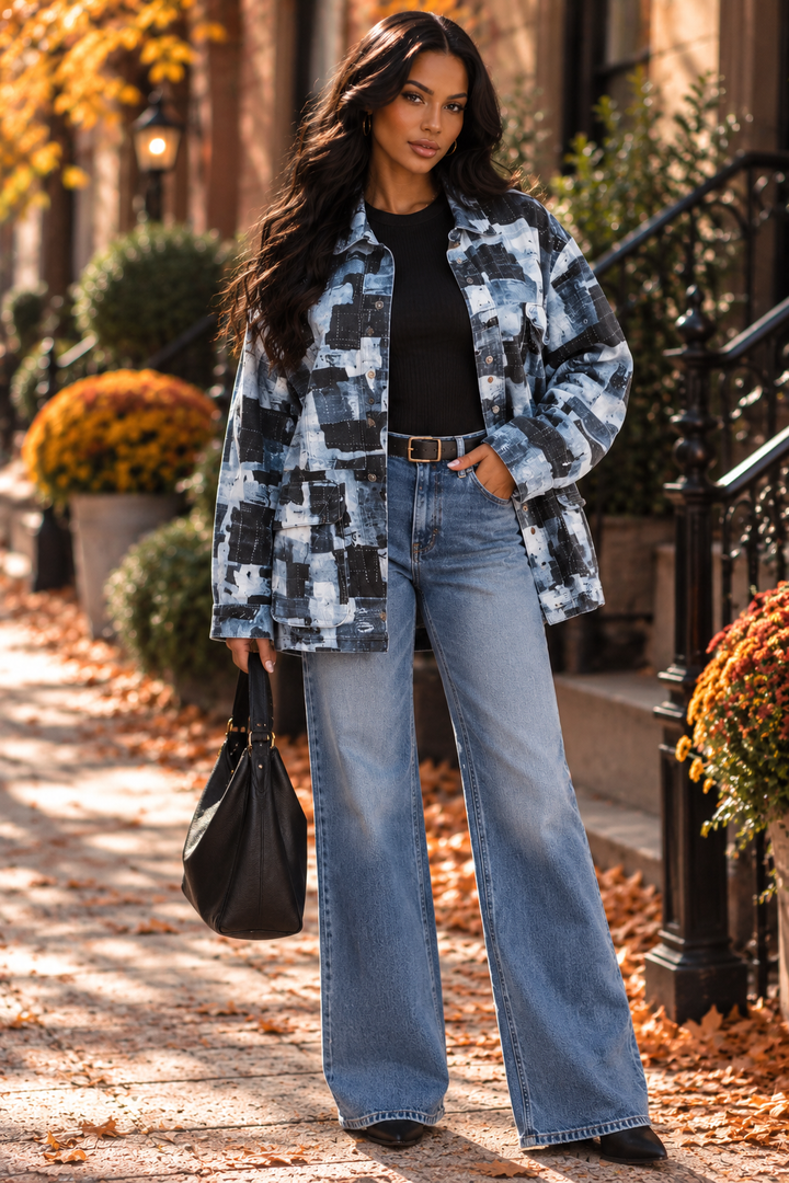 Denim Patchwork Cargo Jacket | Abstract Print Oversized Shacket