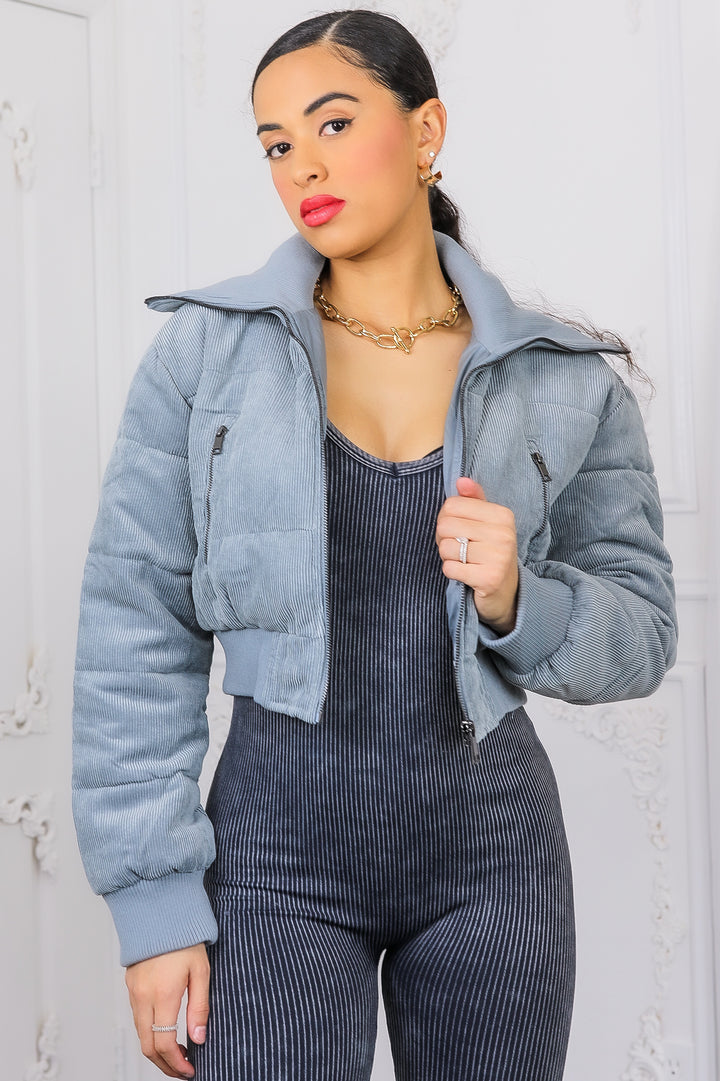 Keep Up With Me Crop Corduroy Full Zipper Puffer Jacket